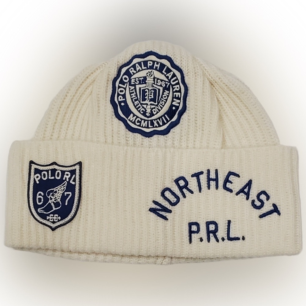 Polo Ralph Lauren Cream North East 67 Embroidered Logo Patch Beanie NWT